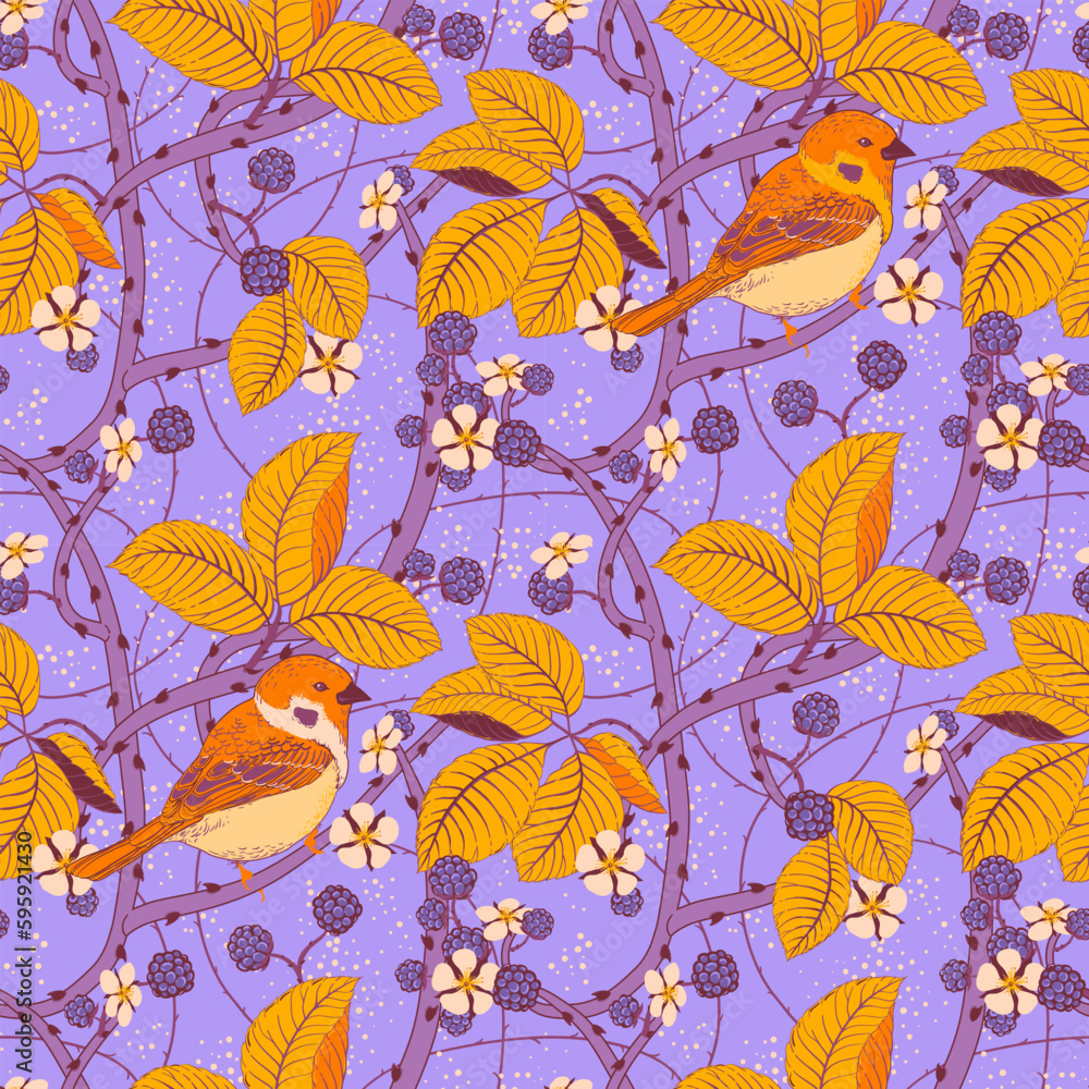 Seamless pattern in the Art Nouveau style for creating textiles. An illustration with intertwined blackberry branches and sparrow berries, leaves, flowers and birds on a soft pink background. Vector.