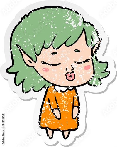 distressed sticker of a pretty cartoon elf girl