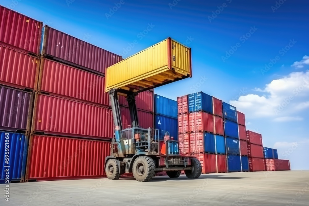 Container stacker crane lifting up stacking container box in yard ...