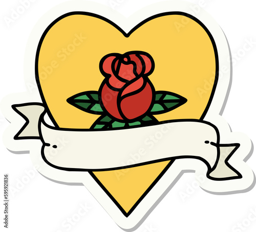 sticker of tattoo in traditional style of a heart rose and banner