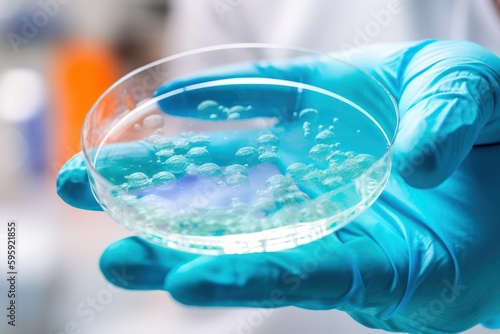 Laboratory scientist hand holding petri dish with liquid, close up. Generative AI