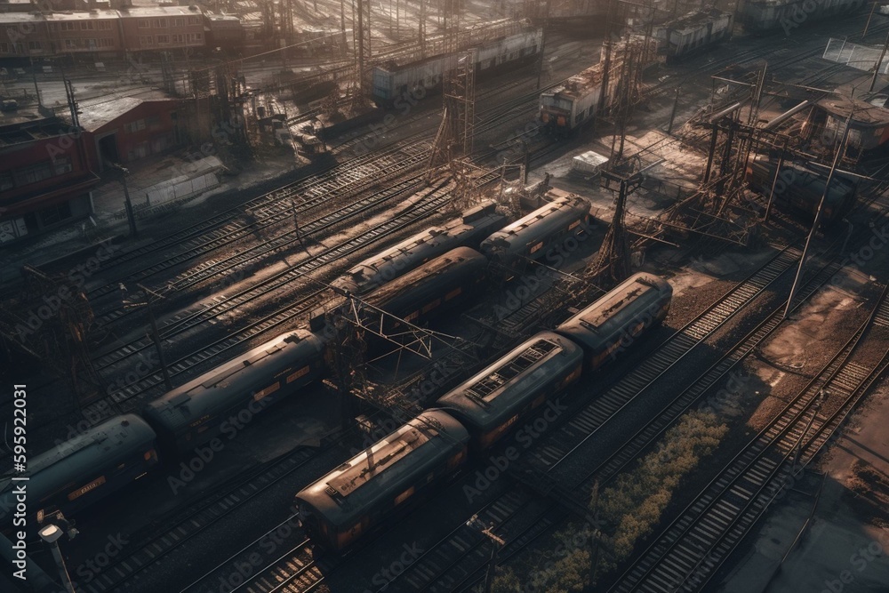 A daunting train station lot surrounded by polluted infrastructure and tall factories, with interconnected circuits and power lines overhead. Generative AI