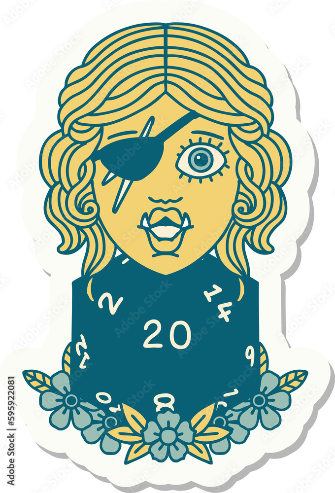 sticker of a half orc rogue with natural 20 dice roll sticker of a half orc rogue with natural 20 dice roll