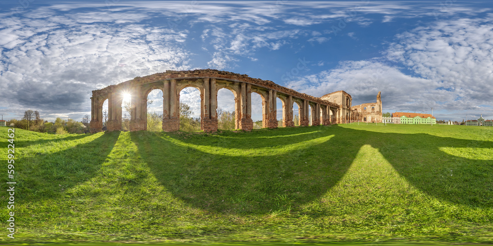 full spherical hdri 360 panorama near stone abandoned ruined palace building with columns at evening  with sunrays in equirectangular projection, VR AR virtual reality content
