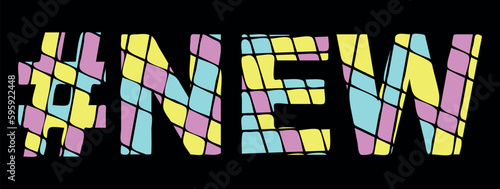 NEW Hashtag. Tricolor isolated letters from contrast flowing fluid shapes. Popular Hashtag #NEW for social networks, news web resources, mobile applications, games, t-shirts. Stock vector