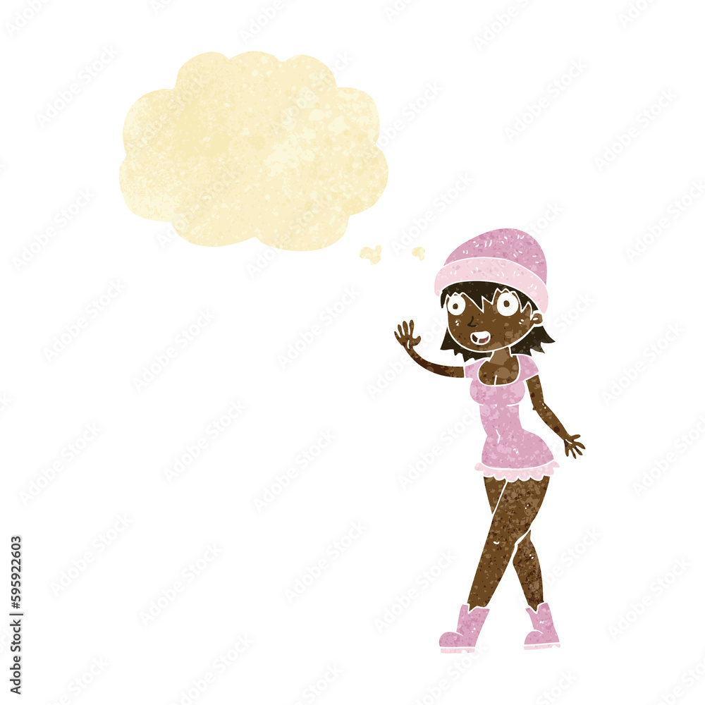 cartoon pretty girl in hat waving with thought bubble cartoon pretty girl in hat waving with thought bubble