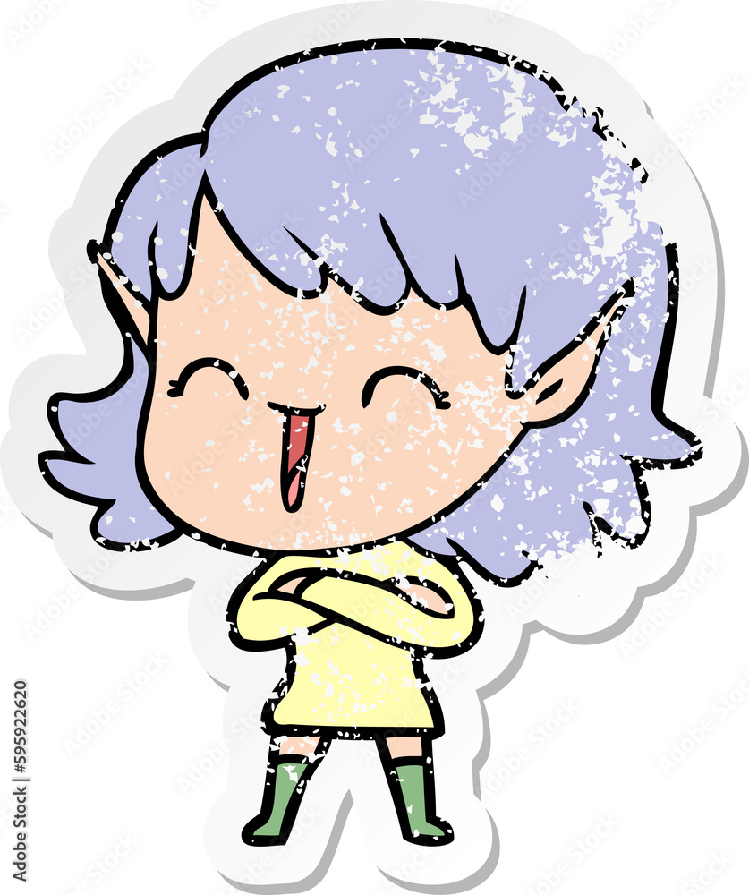 distressed sticker of a cartoon elf girl distressed sticker of a cartoon elf girl