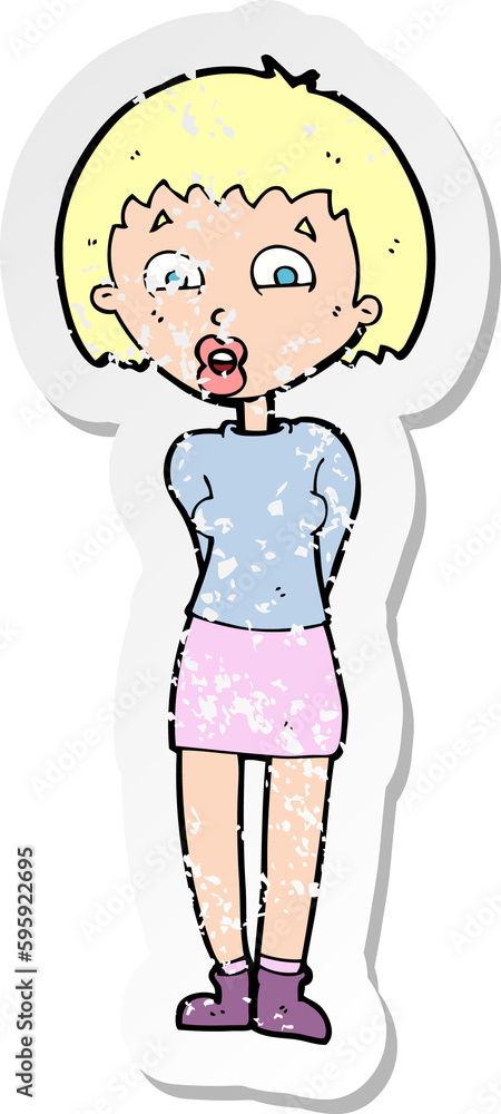 retro distressed sticker of a cartoon surprised woman retro distressed sticker of a cartoon surprised woman