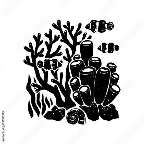 Black and white vector silhouette of fish, seaweed, sea shell and corals. Seascape isolated on white background. Underwater plants and clownfish for aquarium