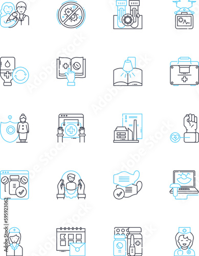 Epidemiology analysis linear icons set. Outbreak, Surveillance, Incidence, Prevalence, Risk, Exposure, Contagion line vector and concept signs. Mortality,Pandemic,Case-control outline illustrations
