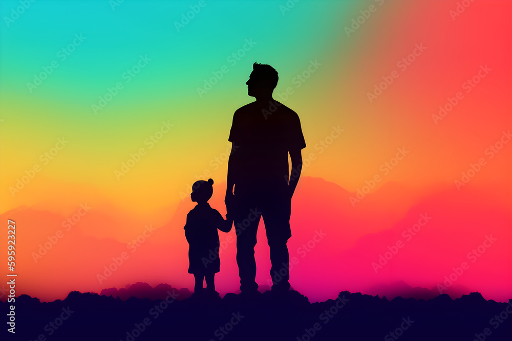 Happy fathers day greeting card illustration of silhouette dad and daughter in bright colors background. Holiday family concept with copy space. Generated ai.
