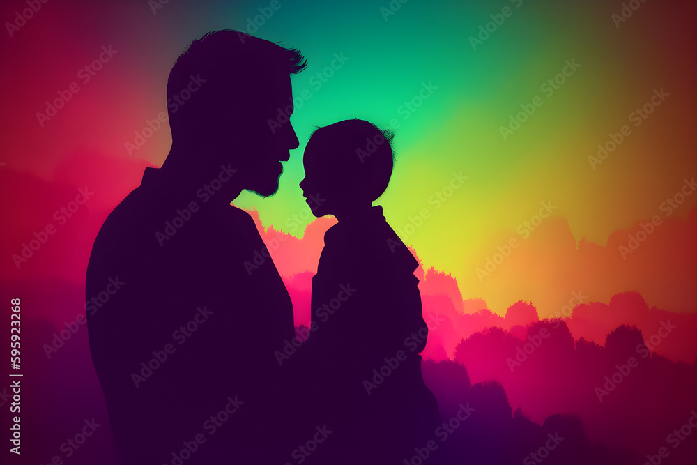 Happy fathers day greeting card illustration of silhouette dad and son in bright colors background. Holiday family concept with copy space. Ai generated.