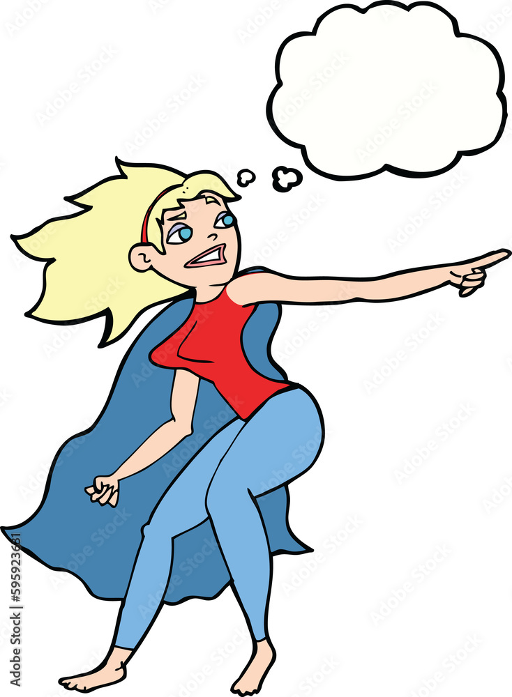 cartoon superhero woman pointing with thought bubble cartoon superhero woman pointing with thought bubble