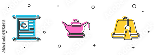 Set Holy book of Koran, Oil lamp and Turkish hat icon. Vector