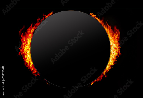 Black circle frame with fire flames on black background