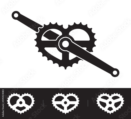 Vector bicycle crank icon with heart shaped converter. Set of converter variants. Isolated on white background.

