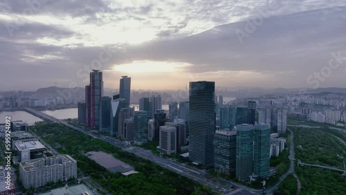 Wallpaper Mural Drone View of Seoul city in South Korea, Sunrise in Yeouido Financial District Torontodigital.ca