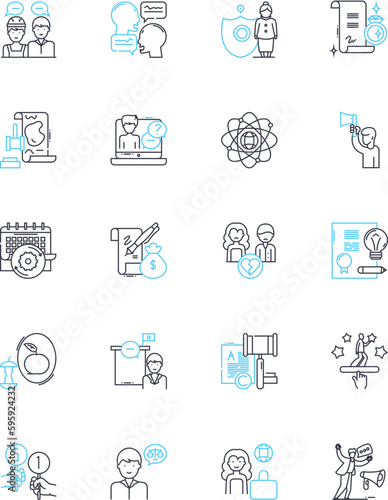 Legal entitlements linear icons set. Rights, Privileges, Benefits, Protections, Claims, Immunities, Liberties line vector and concept signs. Entitlements,Authority,Approval outline illustrations