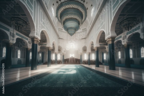 An ethereal mosque hovers amidst clouds, its floor gleaming with white marble. Generative AI