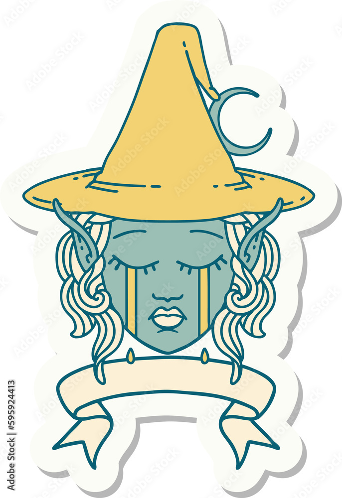 sticker of a crying elf mage character face wiht banner sticker of a crying elf mage character face wiht banner