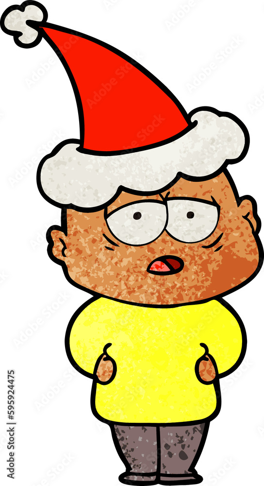 hand drawn textured cartoon of a tired bald man wearing santa hat hand drawn textured cartoon of a tired bald man wearing santa hat