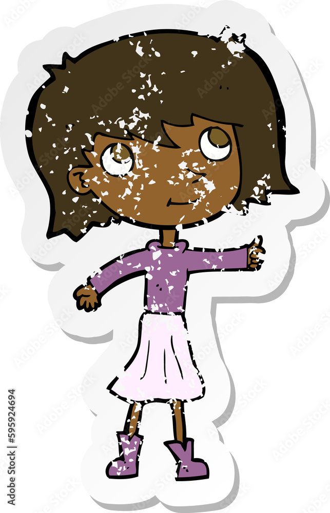 retro distressed sticker of a cartoon happy girl retro distressed sticker of a cartoon happy girl