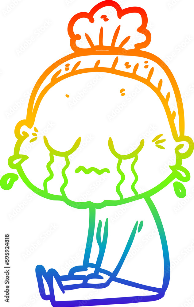 rainbow gradient line drawing of a cartoon crying old lady rainbow gradient line drawing of a cartoon crying old lady