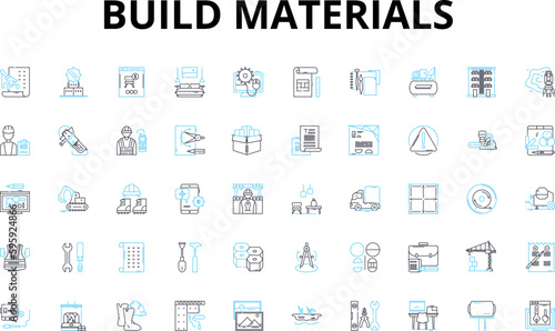 Build materials linear icons set. Timber, Concrete, Steel, Brick, Plaster, Glass, Asphalt vector symbols and line concept signs. Marble,Granite,Insulation illustration