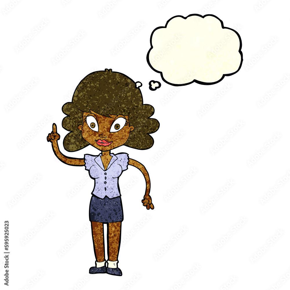 cartoon happy woman with idea with thought bubble cartoon happy woman with idea with thought bubble