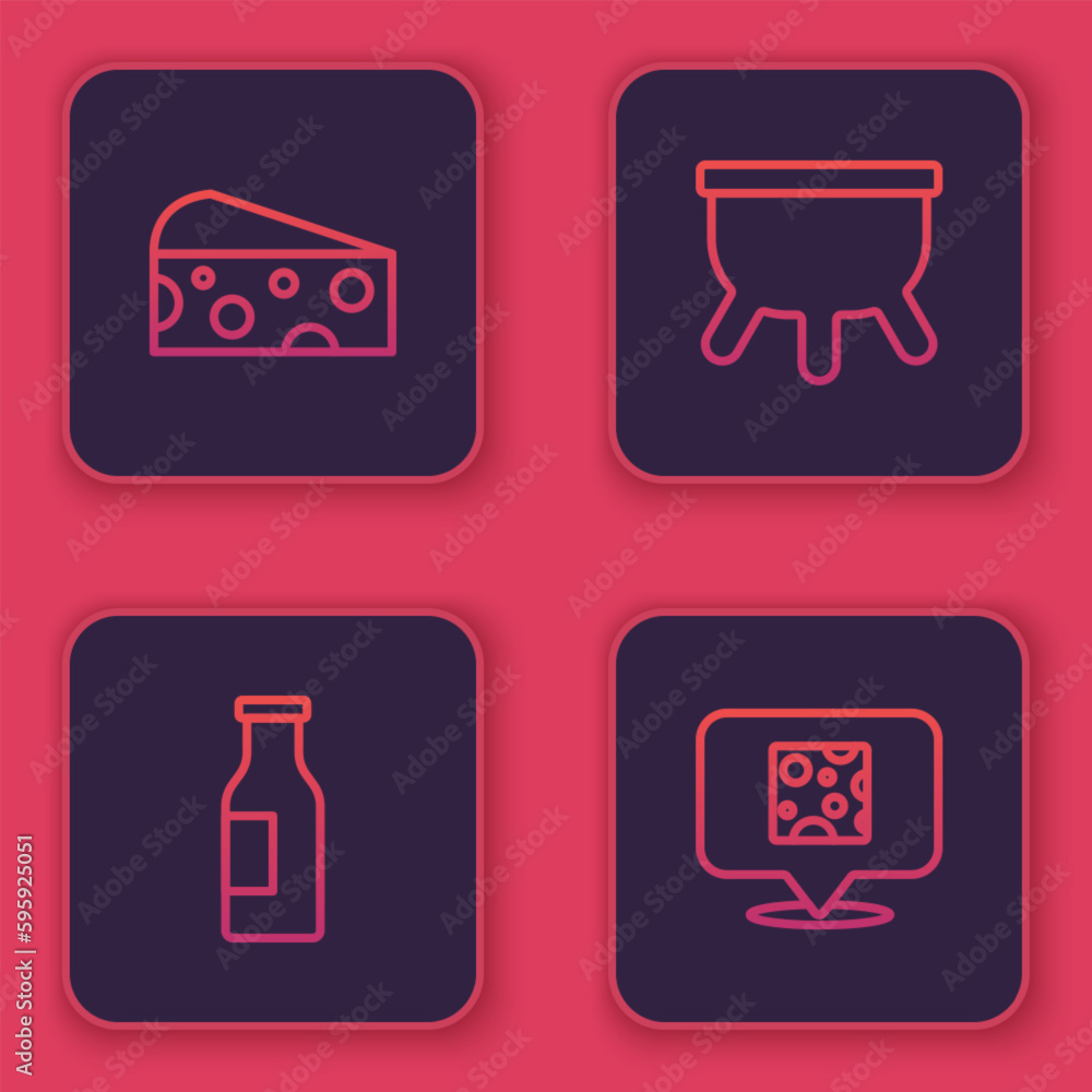 Set line Cheese, Bottle with milk, Udder and . Blue square button. Vector Set line Cheese, Bottle with milk, Udder and . Blue square button. Vector