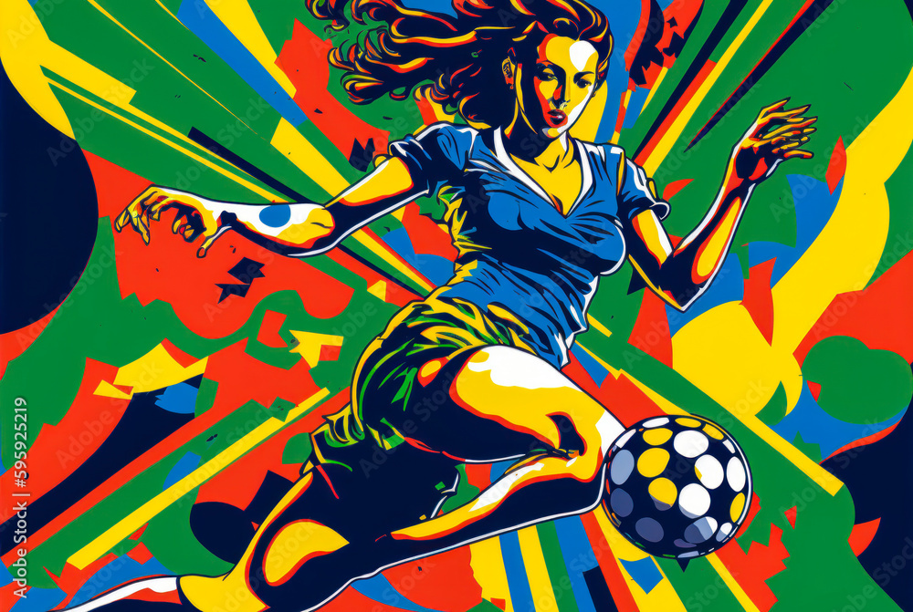 This illustration is a dynamic artistic representation of a woman playing soccer. It highlights the strength and determination of female athletes. Generative AI