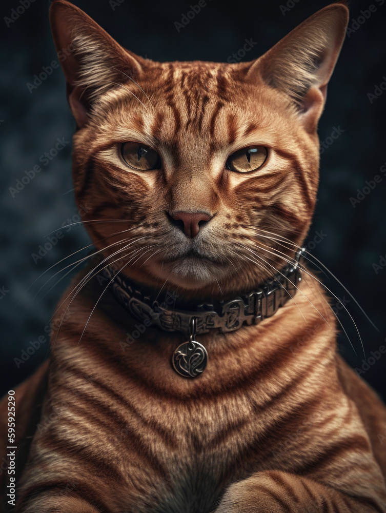Orange tabby cat with a collar sitting on a black background. Generative AI