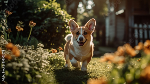 Corgi dog running in the grass. Generative AI