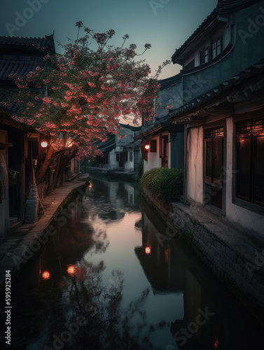Canal in a chinese village at dusk. Generative AI © Tamazina