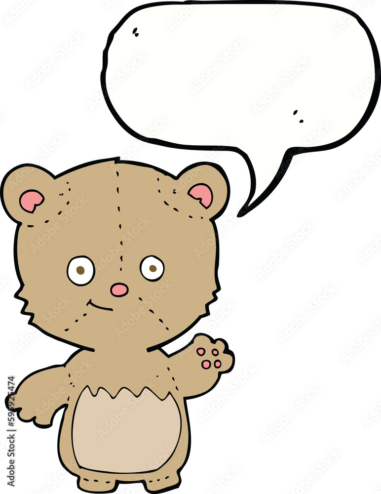 cartoon little teddy bear waving with speech bubble