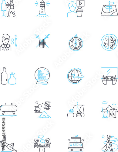 Wilderness hike linear icons set. Trekking, Exploration, Nature, Adventure, Trailblazing, Scenic, Serenity line vector and concept signs. Solitude,Backpacking,Summit outline illustrations