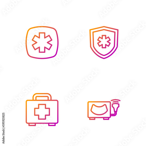 Set line Ultrasound, First aid kit, Emergency - Star of Life and insurance. Gradient color icons. Vector