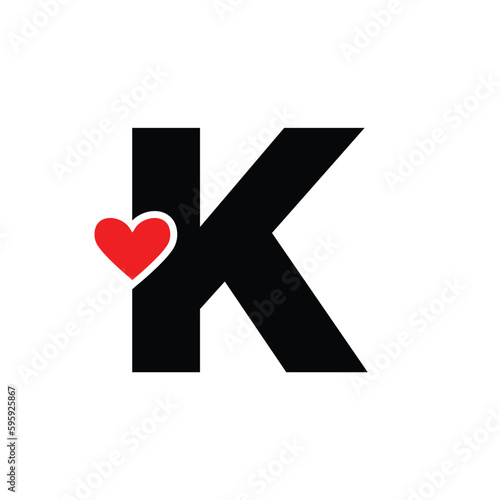 Letter K with red heart monogram. K heart icon.