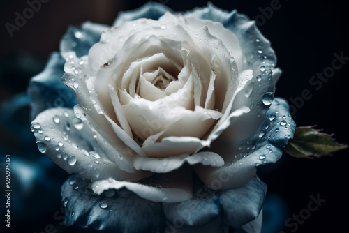 Close-up of a blue and white rose, symbolizing purity. Generative AI
