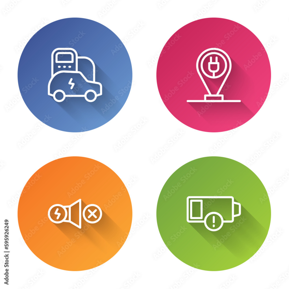 Set line Electric car, Charging parking electric, motor and Low battery. Color circle button. Vector Set line Electric car, Charging parking electric, motor and Low battery. Color circle button. Vector