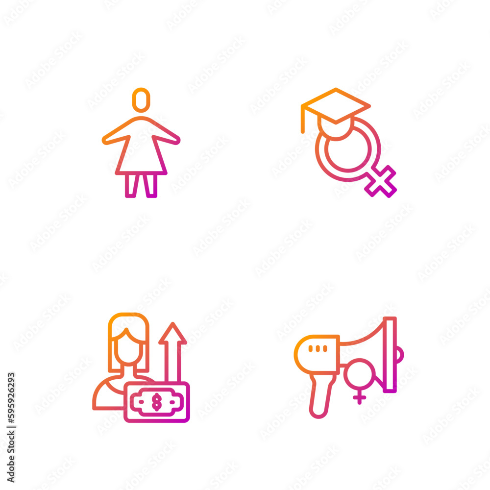 Set line Feminist activist, Money growth woman, Female and Teacher. Gradient color icons. Vector Set line Feminist activist, Money growth woman, Female and Teacher. Gradient color icons. Vector