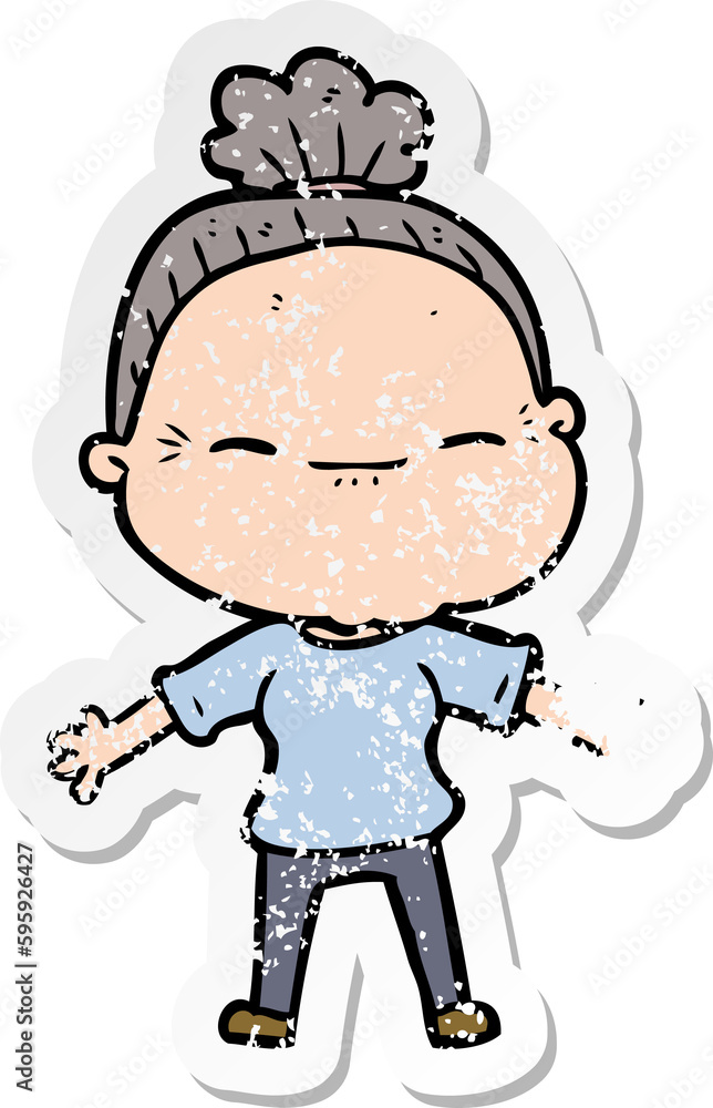 distressed sticker of a cartoon peaceful old woman distressed sticker of a cartoon peaceful old woman