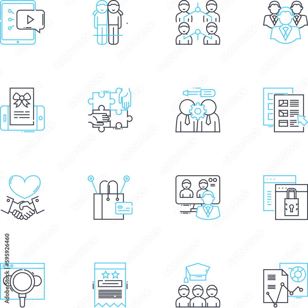 User engagement linear icons set. Interaction, Participation, Communication, Involvement, Connection, Response, Collaboration line vector and concept signs. Feedback,Loyalty,Satisfaction outline