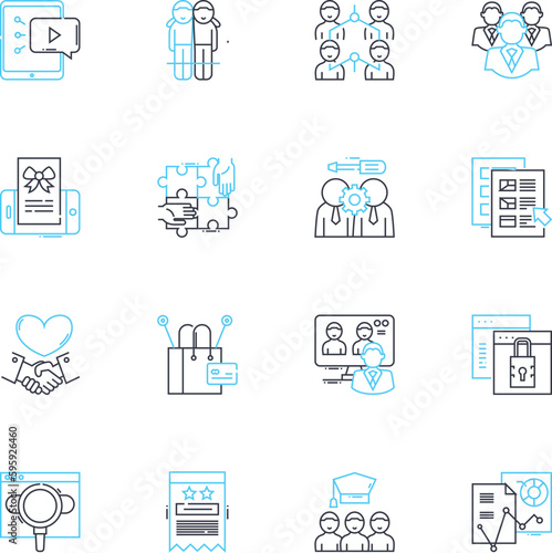 User engagement linear icons set. Interaction, Participation, Communication, Involvement, Connection, Response, Collaboration line vector and concept signs. Feedback,Loyalty,Satisfaction outline