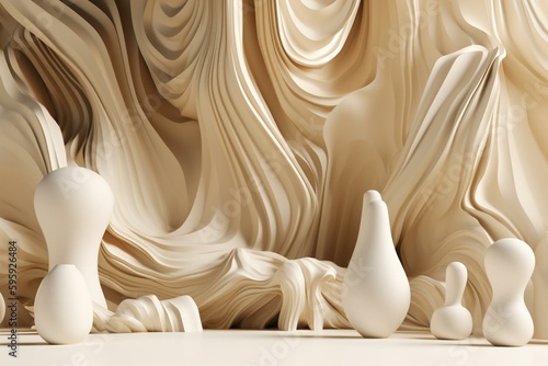 A contemporary, 3-dimensional backdrop featuring fluid, shapeless ivory planes. Rendered in 3D. Generative AI photo