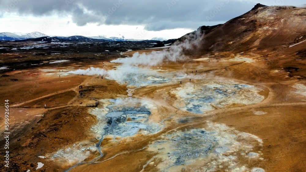 Geothermal spring on iceland with great mountains in the back