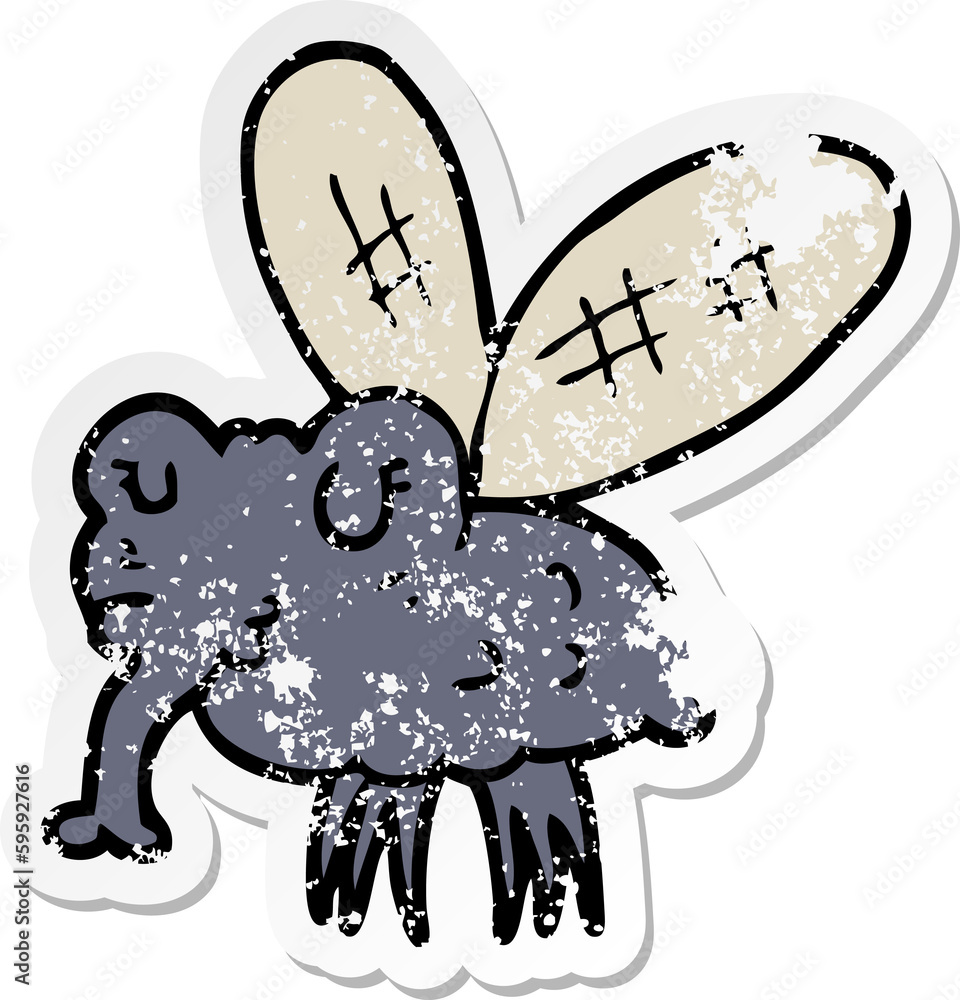distressed sticker of a cartoon fly distressed sticker of a cartoon fly
