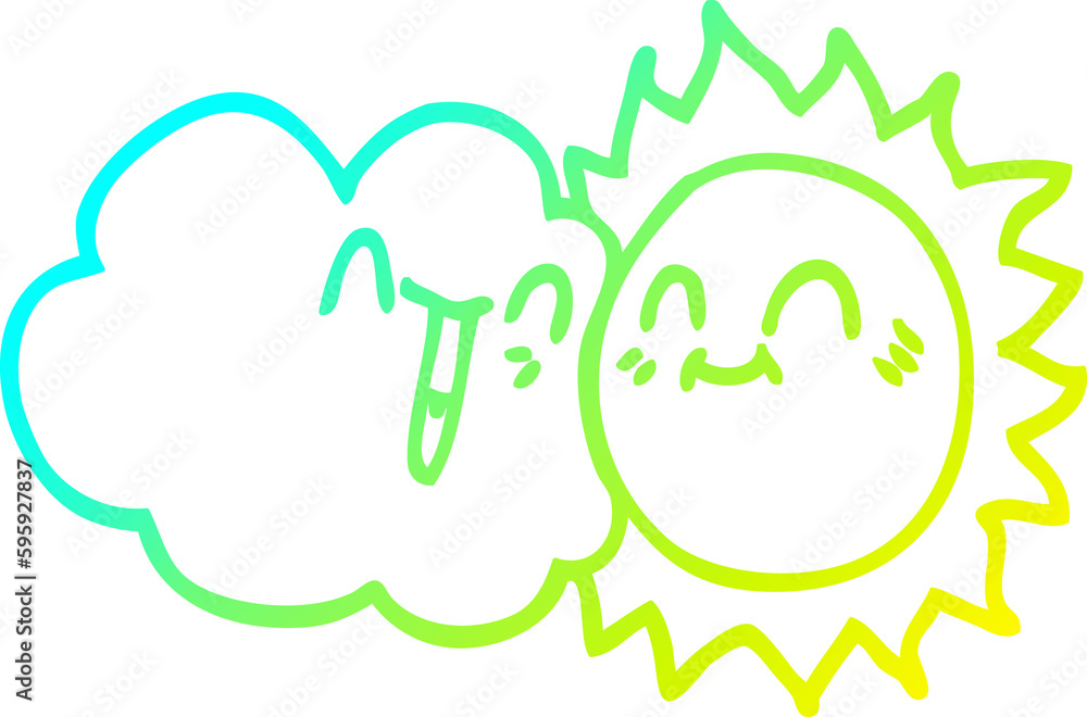 cold gradient line drawing of a cartoon happy sun and cloud cold gradient line drawing of a cartoon happy sun and cloud