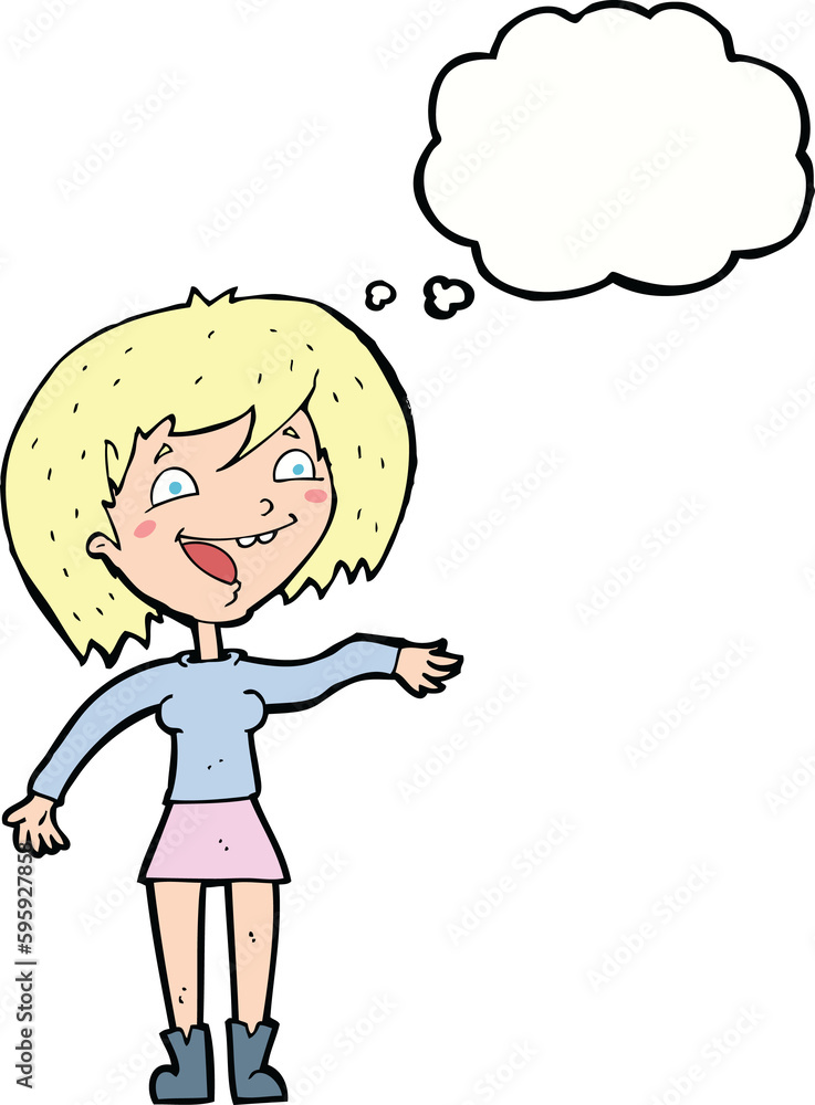 cartoon waving woman with thought bubble cartoon waving woman with thought bubble