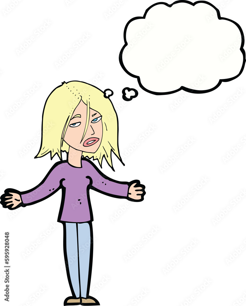cartoon woman shrugging shoulders with thought bubble cartoon woman shrugging shoulders with thought bubble